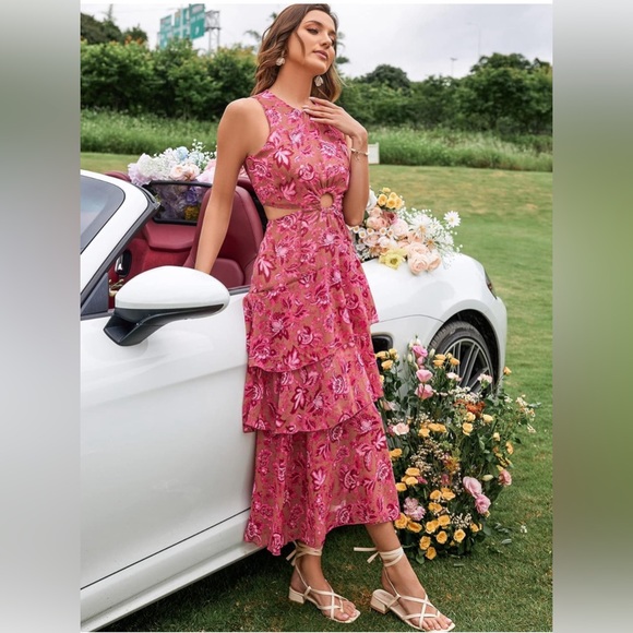 Large Summer Dress Random Floral Print Ring Linked Cut Out Layered Hem Chiffon - Picture 4 of 9